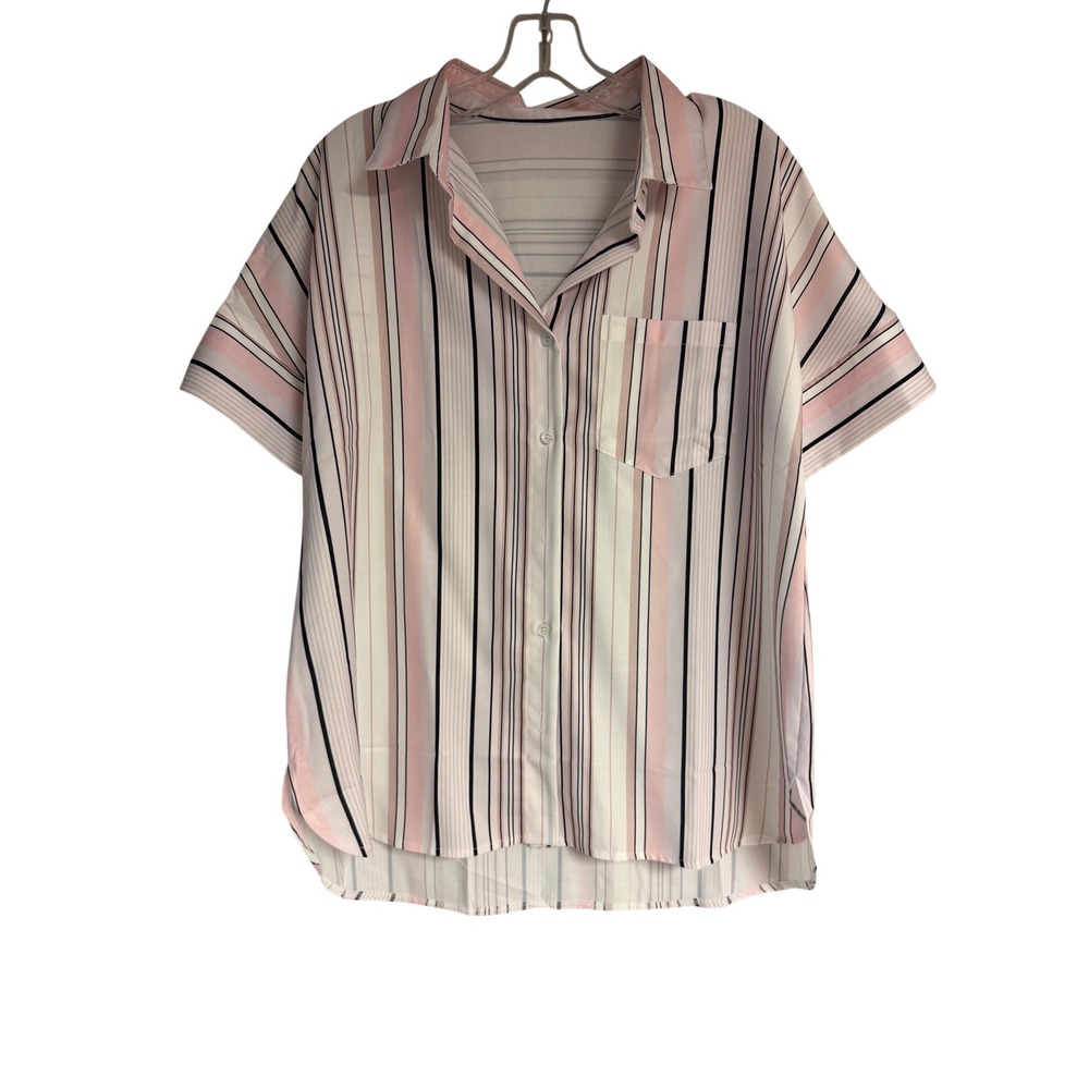 Womens Pink White Black Striped Short Sleeve Button Down Shirt Size Small